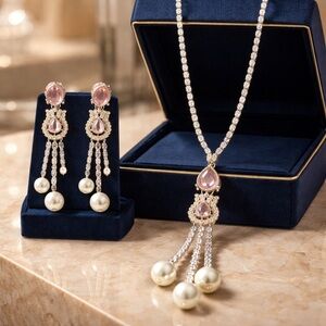 Elegant Pink Teardrop Pearl Pendant Necklace & Earrings Set